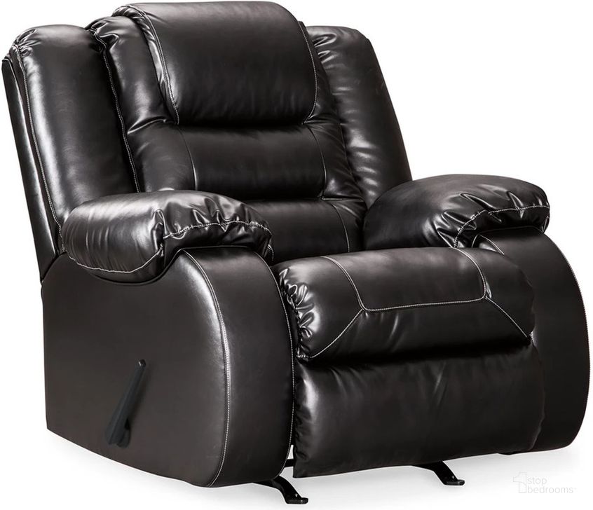 The appearance of Vacherie Rocker Recliner In Black designed by Signature Design by Ashley in the modern / contemporary interior design. This black piece of furniture  was selected by 1StopBedrooms from Vacherie Collection to add a touch of cosiness and style into your home. Sku: 7930825. Material: Fabric. Product Type: Rocker Recliner. Image1