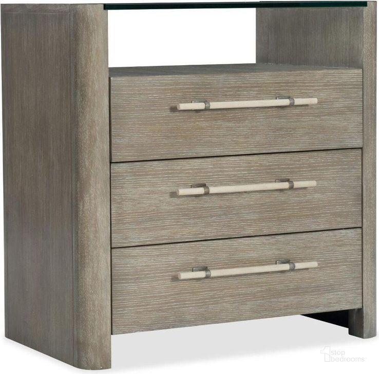 The appearance of Affinity Three-Drawer Nightstand designed by Hooker in the transitional interior design. This gray piece of furniture  was selected by 1StopBedrooms from Affinity Collection to add a touch of cosiness and style into your home. Sku: 6050-90016-GRY. Material: Wood. Product Type: Nightstand. Image1