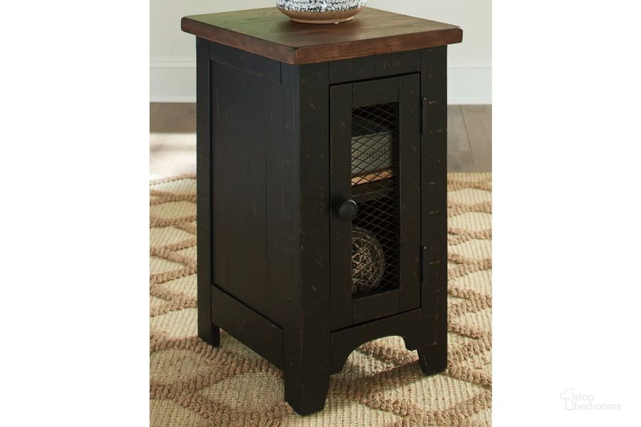 The appearance of Valebeck Black and Brown Chair Side End Table designed by Signature Design by Ashley in the industrial interior design. This black/brown piece of furniture  was selected by 1StopBedrooms from Valebeck Collection to add a touch of cosiness and style into your home. Sku: T468-7. Material: Metal. Product Type: End Table. Image1