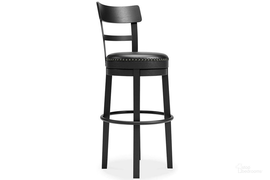 The appearance of Valebeck Black Tall Upholstered Swivel Barstool designed by Signature Design by Ashley in the transitional interior design. This black piece of furniture  was selected by 1StopBedrooms from Valebeck Collection to add a touch of cosiness and style into your home. Sku: D546-630. Material: Metal. Product Type: Barstool. Image1