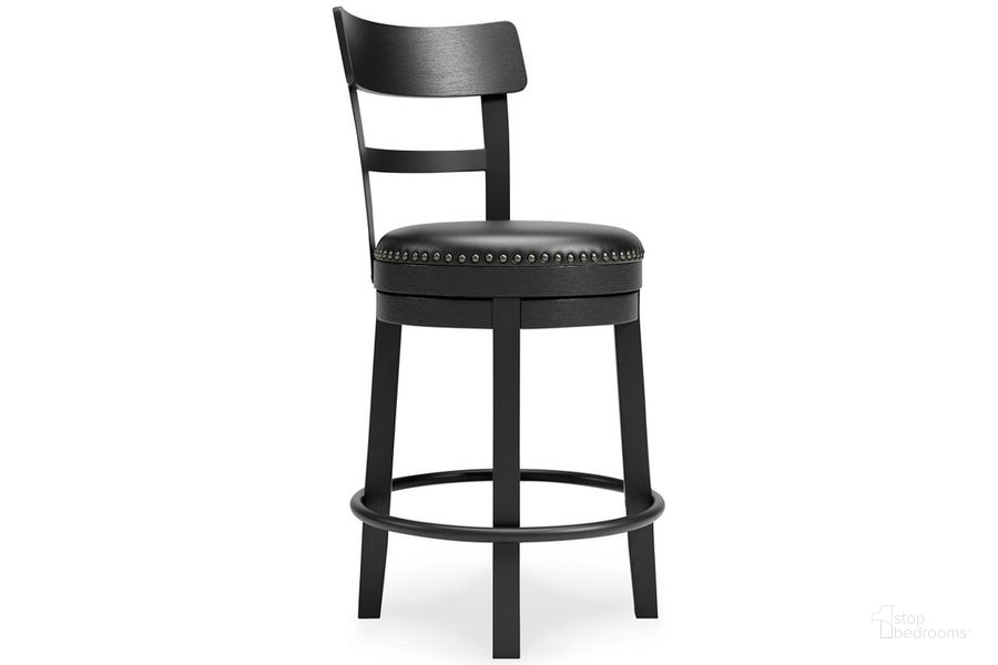 The appearance of Valebeck Black Upholstered Swivel Barstool designed by Signature Design by Ashley in the transitional interior design. This black piece of furniture  was selected by 1StopBedrooms from Valebeck Collection to add a touch of cosiness and style into your home. Sku: D546-624. Material: Metal. Product Type: Barstool. Image1