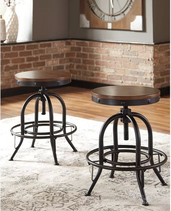 The appearance of Valebeck Brown Swivel Barstool Set of 2 designed by Signature Design by Ashley in the industrial interior design. This brown/black piece of furniture  was selected by 1StopBedrooms from Valebeck Collection to add a touch of cosiness and style into your home. Sku: D546-224. Material: Wood. Product Type: Barstool. Image1