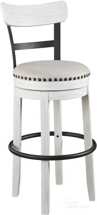 The appearance of Valebeck Linen Tall Upholstered Swivel Barstool designed by Signature Design by Ashley in the industrial interior design. This white piece of furniture  was selected by 1StopBedrooms from Valebeck Collection to add a touch of cosiness and style into your home. Sku: D546-530. Material: Fabric. Product Type: Barstool. Image1