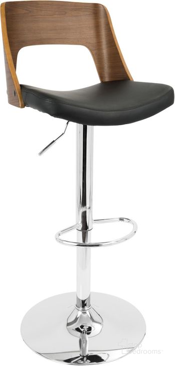 The appearance of Valencia Mid-Century Modern Adjustable Barstool With Swivel In Walnut And Black Faux Leather designed by Lumisource in the transitional interior design. This walnut piece of furniture  was selected by 1StopBedrooms from Valencia Collection to add a touch of cosiness and style into your home. Sku: BS-VLNCI WL+BK. Material: Wood. Product Type: Barstool. Image1