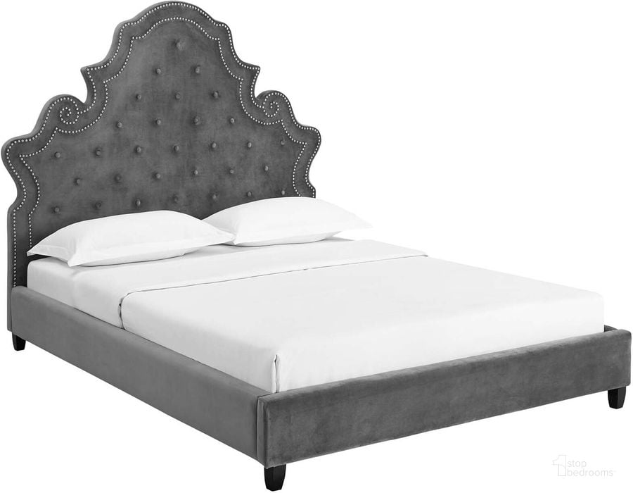 The appearance of Valentina Gray Queen Tufted Nailhead Performance Velvet Platform Bed designed by Modway in the modern / contemporary interior design. This gray piece of furniture  was selected by 1StopBedrooms from Valentina Collection to add a touch of cosiness and style into your home. Sku: MOD-5808-GRY. Bed Type: Platform Bed. Material: Wood. Product Type: Platform Bed. Bed Size: Queen. Image1