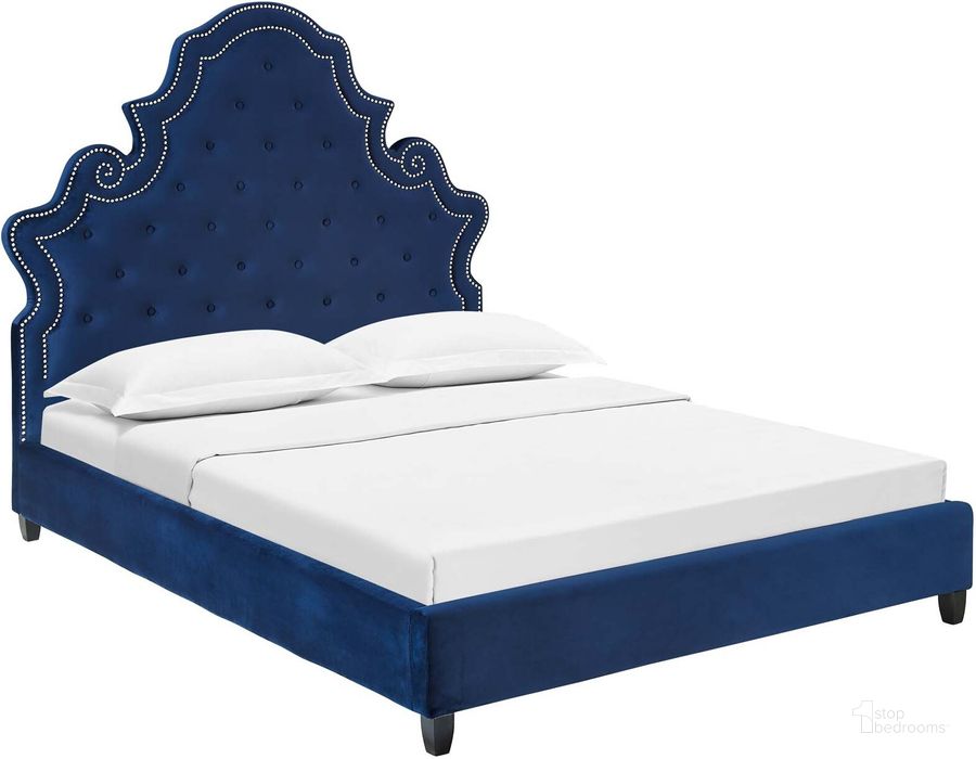The appearance of Valentina Navy Queen Tufted Nailhead Performance Velvet Platform Bed designed by Modway in the modern / contemporary interior design. This navy piece of furniture  was selected by 1StopBedrooms from Valentina Collection to add a touch of cosiness and style into your home. Sku: MOD-5808-NAV. Bed Type: Platform Bed. Material: Wood. Product Type: Platform Bed. Bed Size: Queen. Image1
