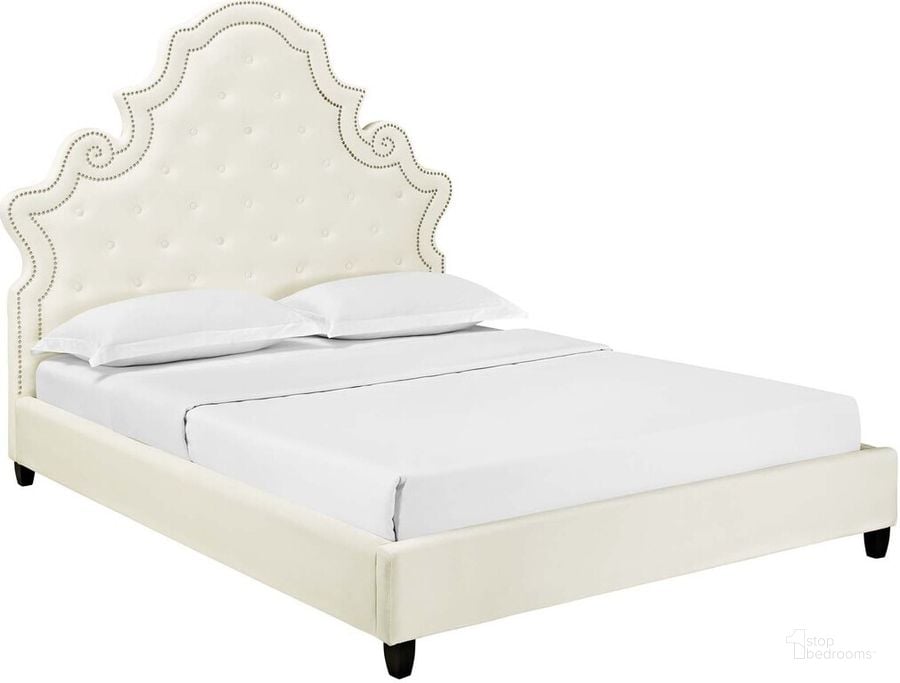The appearance of Valentina Queen Tufted Nailhead Performance Velvet Platform Bed In Ivory designed by Modway in the modern / contemporary interior design. This ivory piece of furniture  was selected by 1StopBedrooms from Valentina Collection to add a touch of cosiness and style into your home. Sku: MOD-5808-IVO. Bed Type: Platform Bed. Product Type: Platform Bed. Bed Size: Queen. Material: Rubberwood. Image1