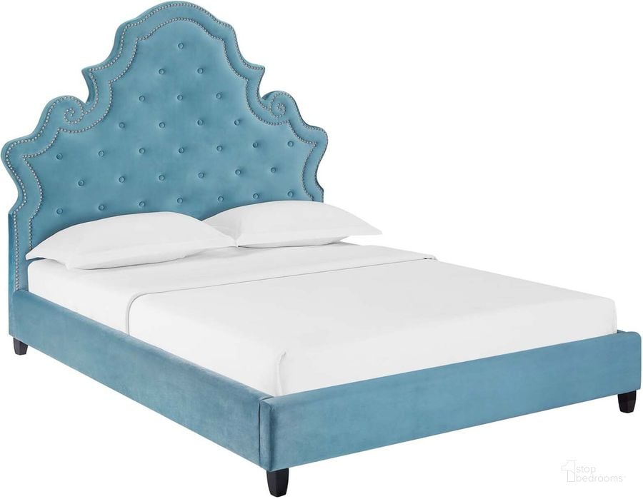 The appearance of Valentina Sea Blue Queen Tufted Nailhead Performance Velvet Platform Bed designed by Modway in the modern / contemporary interior design. This sea blue piece of furniture  was selected by 1StopBedrooms from Valentina Collection to add a touch of cosiness and style into your home. Sku: MOD-5808-SEA. Bed Type: Platform Bed. Material: Wood. Product Type: Platform Bed. Bed Size: Queen. Image1