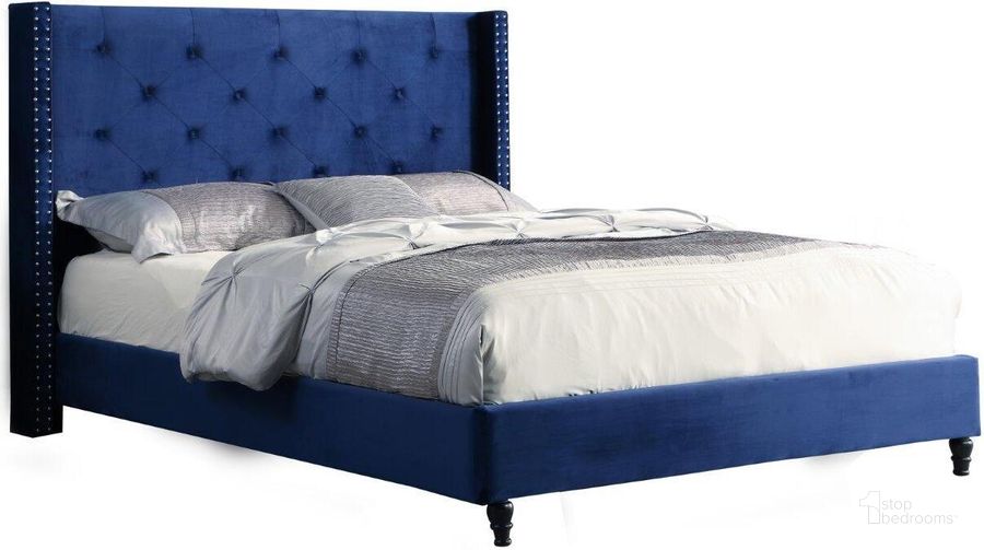 The appearance of Valentina Velvet Wingback California King Bed In Blue designed by Best Master Furniture in the modern / contemporary interior design. This blue piece of furniture  was selected by 1StopBedrooms from Valentina Collection to add a touch of cosiness and style into your home. Sku: YY129VBCK-1;YY129VBCK-2. Bed Type: Platform Bed. Material: Upholstered. Product Type: Platform Bed. Bed Size: California King. Image1