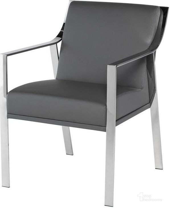 The appearance of Valentine Grey Naugahyde Dining Chair designed by Nuevo in the modern / contemporary interior design. This gray piece of furniture  was selected by 1StopBedrooms from Valentine Collection to add a touch of cosiness and style into your home. Sku: HGTB245. Material: Metal. Product Type: Dining Chair. Image1
