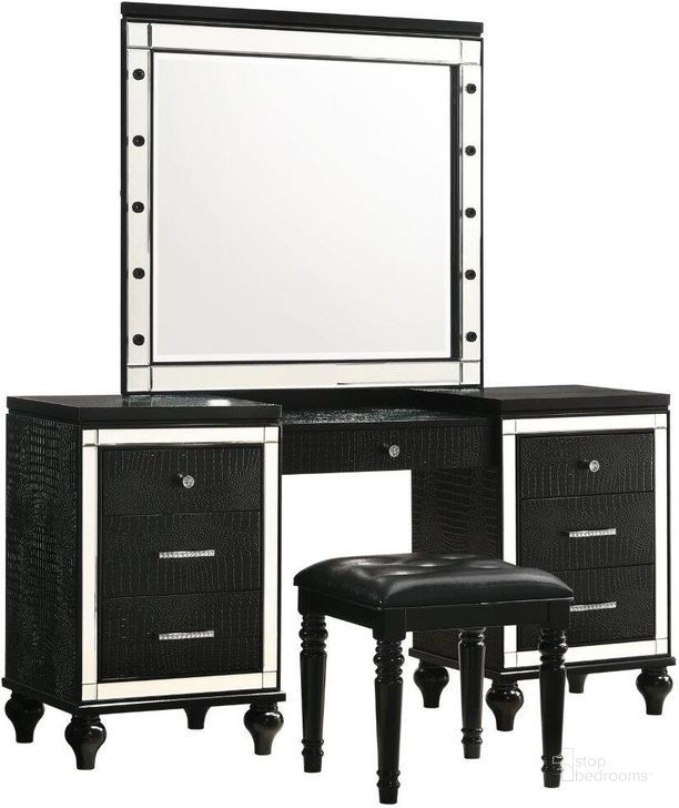 The appearance of Valentino Black Dressing Table With Stool designed by New Classic in the transitional interior design. This black piece of furniture  was selected by 1StopBedrooms from Valentino Collection to add a touch of cosiness and style into your home. Sku: BA9698B-090;BA9698B-091;BA9698B-092. Product Type: Bedroom Vanity. Image1