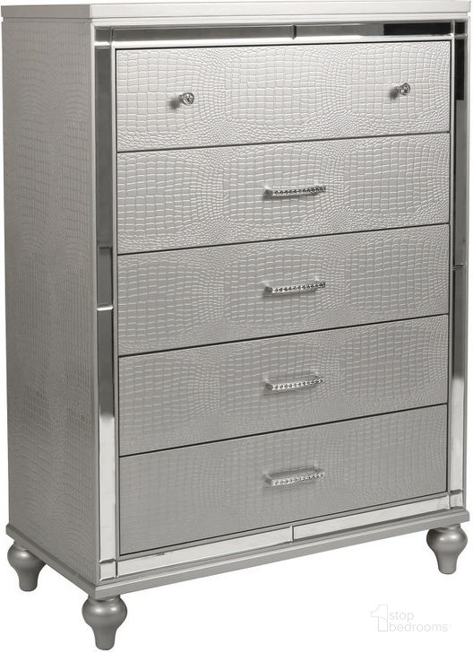 The appearance of Valentino Silver Chest designed by New Classic in the modern / contemporary interior design. This silver piece of furniture  was selected by 1StopBedrooms from Valentino Collection to add a touch of cosiness and style into your home. Sku: BA9698S-070. Material: Wood. Product Type: Chest. Image1