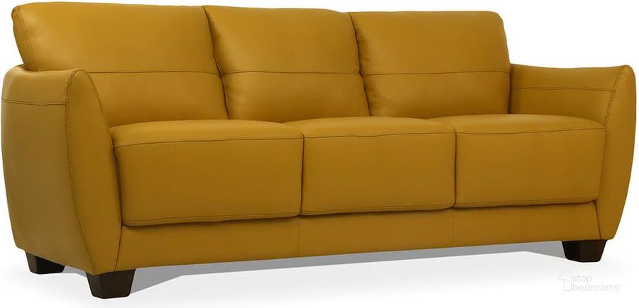 The appearance of Valeria Mustard Leather Sofa designed by ACME in the modern / contemporary interior design. This mustard piece of furniture  was selected by 1StopBedrooms from Valeria Collection to add a touch of cosiness and style into your home. Sku: 54945. Material: Wood. Product Type: Leather Sofa. Image1