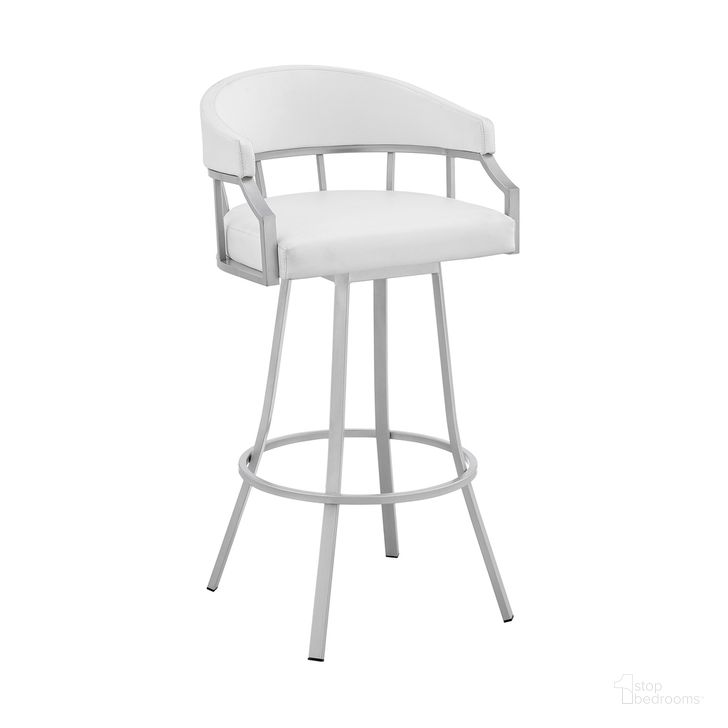 The appearance of Valerie 30 Inch Swivel White Faux Leather and Silver Metal Bar Stool designed by Armen Living in the modern / contemporary interior design. This white piece of furniture  was selected by 1StopBedrooms from Valerie Collection to add a touch of cosiness and style into your home. Sku: LCVLBASLWH30. Product Type: Barstool. Material: Iron. Image1