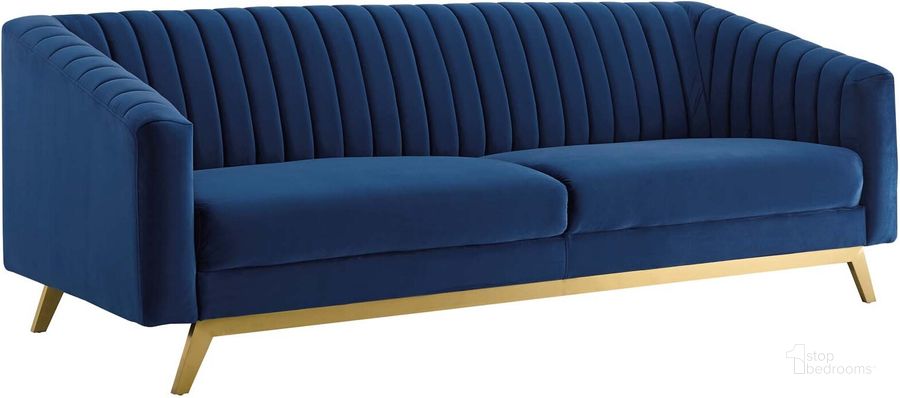 The appearance of Valiant Navy Vertical Channel Tufted Performance Velvet Sofa designed by Modway in the modern / contemporary interior design. This navy piece of furniture  was selected by 1StopBedrooms from Valiant Collection to add a touch of cosiness and style into your home. Sku: EEI-3403-NAV. Material: Wood. Product Type: Sofa. Image1