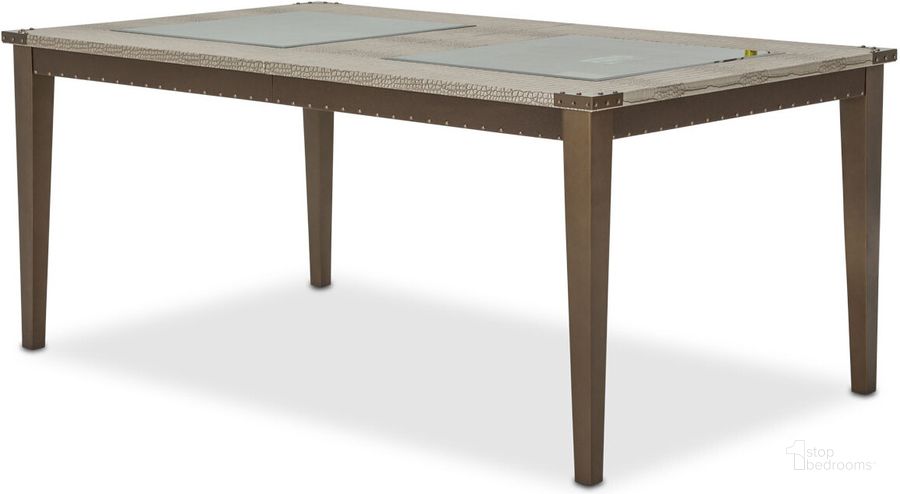 The appearance of Valise 4 Leg Rectangular Dining Table With Glass Inserts In Amazon Tan Gator designed by AICO in the modern / contemporary interior design. This tan piece of furniture  was selected by 1StopBedrooms from Valise Collection to add a touch of cosiness and style into your home. Sku: 9026600-110. Table Base Style: Legs. Material: Wood. Product Type: Dining Table. Table Top Shape: Rectangular. Size: 97". Image1