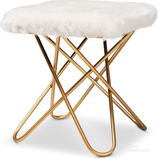 The appearance of Valle Glam And Luxe White Faux Fur Upholstered Gold Finished Metal Ottoman designed by Baxton Studio in the transitional interior design. This white piece of furniture  was selected by 1StopBedrooms from Valle Collection to add a touch of cosiness and style into your home. Sku: JY19A262-White/Gold-Otto. Product Type: Ottoman. Material: Iron. Image1