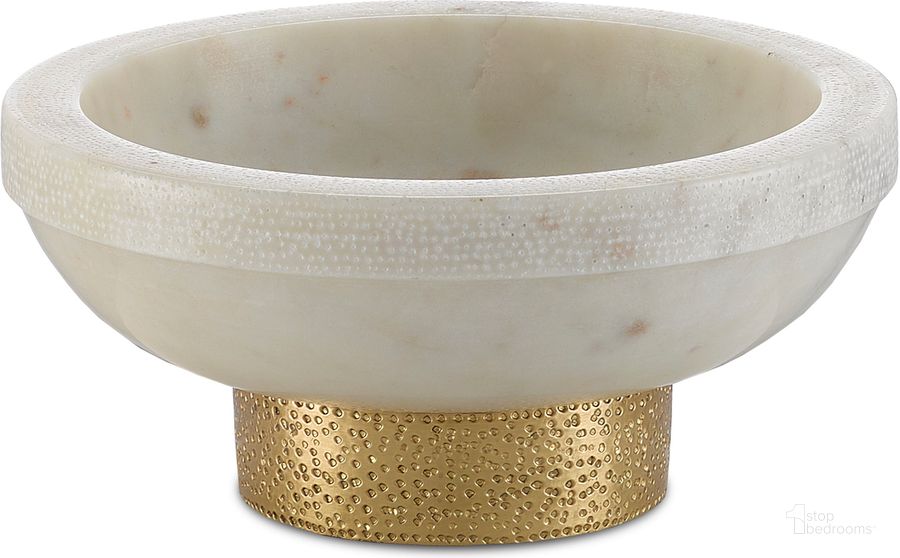 The appearance of Valor Small White Marble Bowl designed by Currey & Company in the modern / contemporary interior design. This white piece of furniture  was selected by 1StopBedrooms from Valor Collection to add a touch of cosiness and style into your home. Sku: 1200-0169. Product Type: Bowl. Material: Brass. Image1