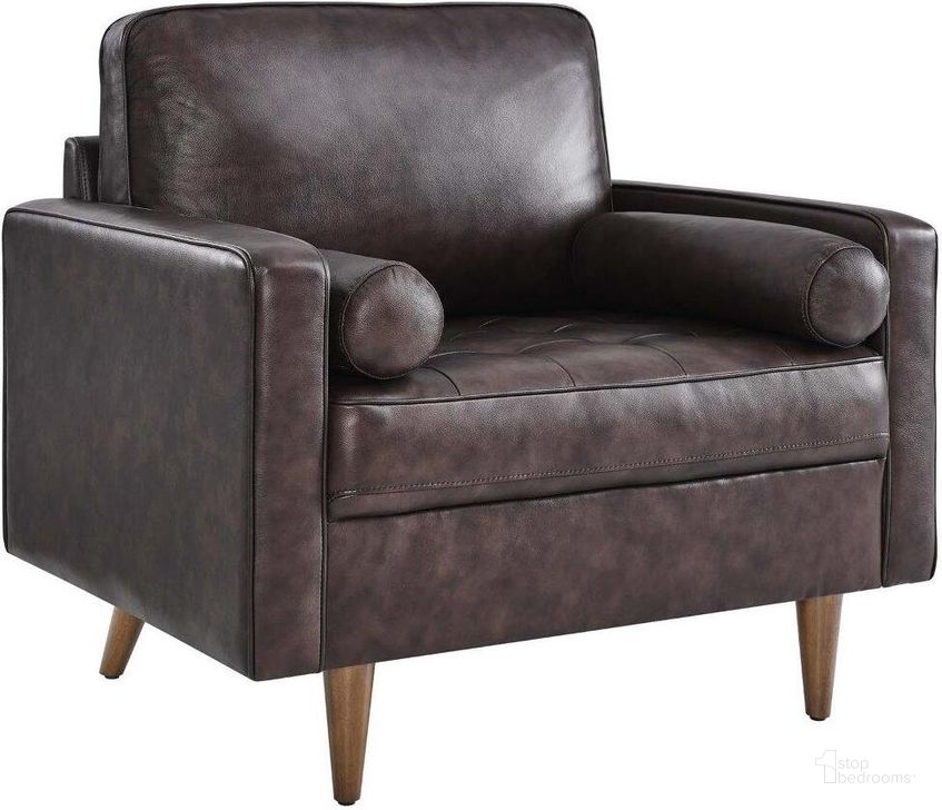 The appearance of Valour Leather Armchair In Brown designed by Modway in the transitional interior design. This brown piece of furniture  was selected by 1StopBedrooms from Valour Collection to add a touch of cosiness and style into your home. Sku: EEI-5869-BRN. Product Type: Arm Chair. Material: Plywood. Image1
