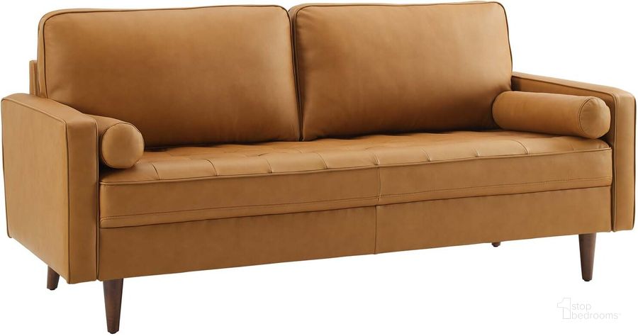 The appearance of Valour Leather Sofa In Tan designed by Modway in the modern / contemporary interior design. This tan piece of furniture  was selected by 1StopBedrooms from Valour Collection to add a touch of cosiness and style into your home. Sku: EEI-4633-TAN. Material: Wood. Product Type: Sofa. Image1