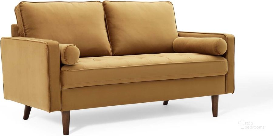 The appearance of Valour Performance Velvet Loveseat EEI-4004-COG designed by Modway in the modern / contemporary interior design. This cognac piece of furniture  was selected by 1StopBedrooms from Valour Collection to add a touch of cosiness and style into your home. Sku: EEI-4004-COG. Material: Wood. Product Type: Loveseat. Image1