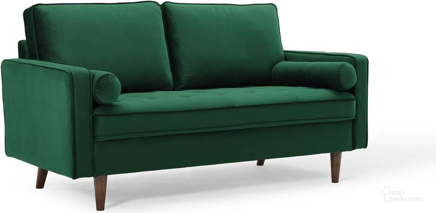 The appearance of Valour Performance Velvet Loveseat EEI-4004-GRN designed by Modway in the modern / contemporary interior design. This green piece of furniture  was selected by 1StopBedrooms from Valour Collection to add a touch of cosiness and style into your home. Sku: EEI-4004-GRN. Material: Wood. Product Type: Loveseat. Image1