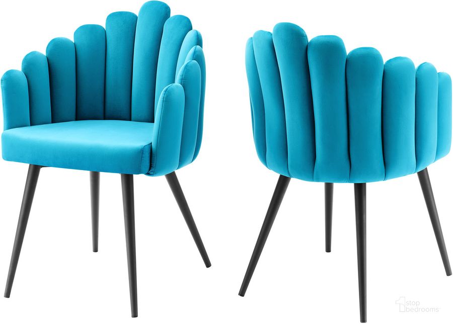 The appearance of Vanguard Performance Velvet Dining Chair Set of 2 In Blue designed by Modway in the modern / contemporary interior design. This blue piece of furniture  was selected by 1StopBedrooms from Vanguard Collection to add a touch of cosiness and style into your home. Sku: EEI-6028-BLK-BLU. Product Type: Dining Chair. Material: Plywood. Image1