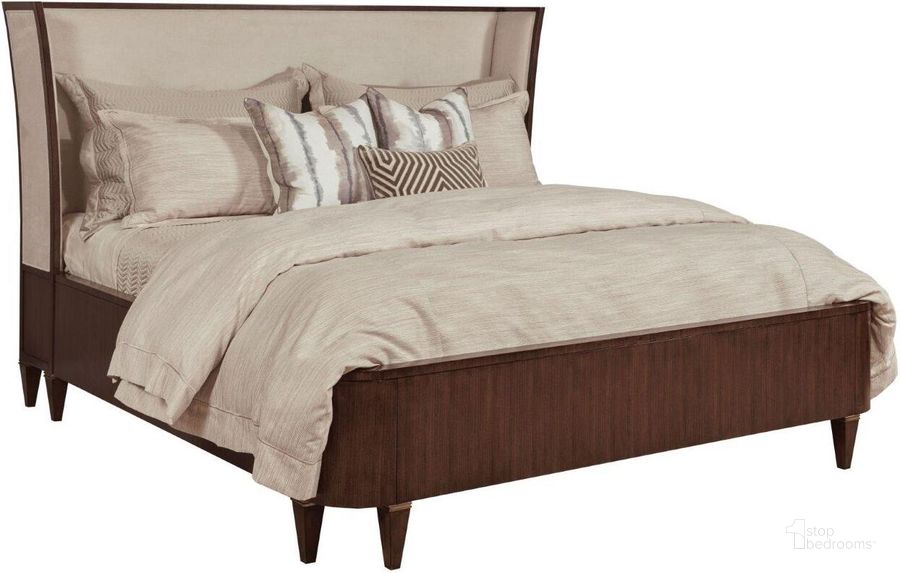 The appearance of Vantage Warm Brown Morris Upholstered Cal. King Panel Bed designed by American Drew in the transitional interior design. This brown piece of furniture  was selected by 1StopBedrooms from Vantage Collection to add a touch of cosiness and style into your home. Sku: 929-327R. Bed Type: Panel Bed. Material: Wood. Product Type: Panel Bed. Bed Size: California King.