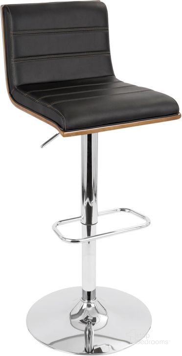 The appearance of Vasari Mid-Century Modern Adjustable Barstool With Swivel In Walnut And Black Faux Leather designed by Lumisource in the transitional interior design. This walnut piece of furniture  was selected by 1StopBedrooms from Vasari Collection to add a touch of cosiness and style into your home. Sku: BS-JY-VSR WL+BK. Material: Wood. Product Type: Barstool. Image1