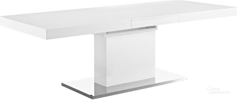 The appearance of Vector White and Silver Expandable Dining Table designed by Modway in the modern / contemporary interior design. This white and silver piece of furniture  was selected by 1StopBedrooms from Vector Collection to add a touch of cosiness and style into your home. Sku: EEI-2870-WHI-SLV. Table Base Style: Pedestal. Product Type: Dining Table. Material: MDF. Table Top Shape: Rectangular. Size: 95". Image1