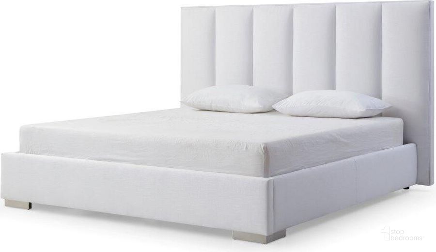 The appearance of Velvet Queen Bed With Vertical Lines Design In The Headboard designed by Whiteline Modern Living in the modern / contemporary interior design. This white piece of furniture  was selected by 1StopBedrooms from  to add a touch of cosiness and style into your home. Sku: BQ1655-WHT. Bed Type: Platform Bed. Product Type: Platform Bed. Bed Size: Queen. Material: Stainless Steel. Image1