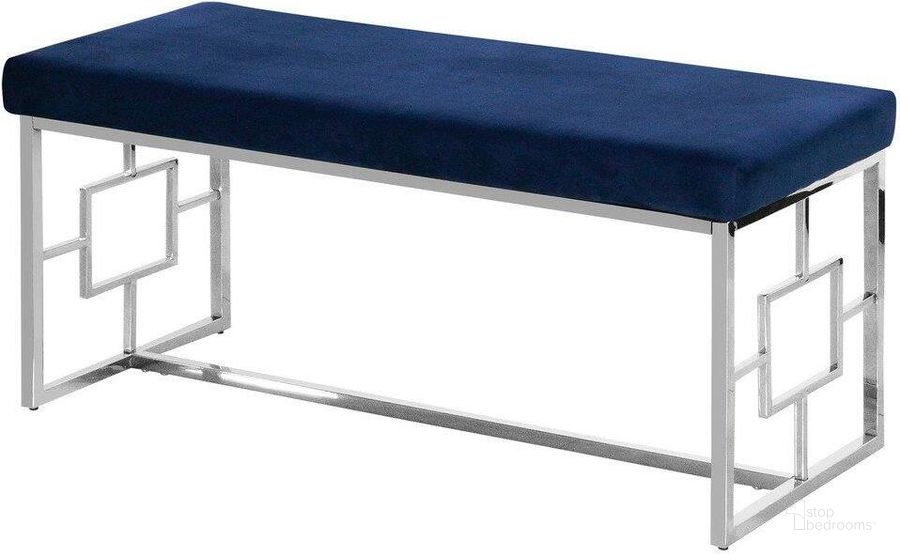 The appearance of Velvet Upholstered Bench With Stainless Steel Frame In Blue And Silver designed by Best Master Furniture in the modern / contemporary interior design. This blue piece of furniture  was selected by 1StopBedrooms from  to add a touch of cosiness and style into your home. Sku: E02. Product Type: Bedroom Bench. Material: Velvet. Image1