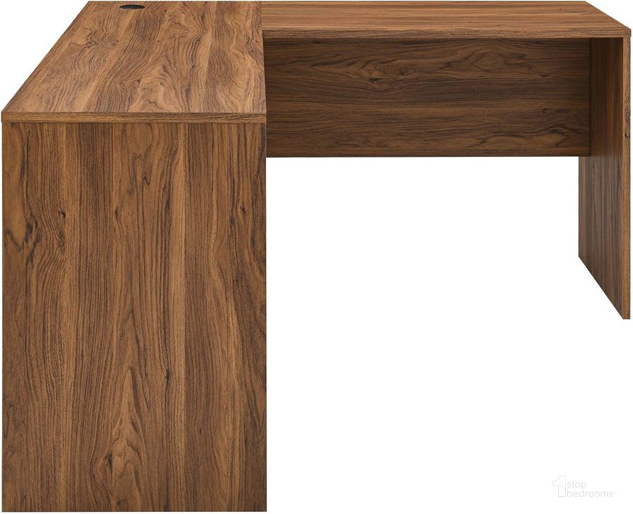 The appearance of Venture L-Shaped Wood Office Desk In Walnut designed by Modway in the modern / contemporary interior design. This walnut piece of furniture  was selected by 1StopBedrooms from Venture Collection to add a touch of cosiness and style into your home. Sku: EEI-5703-WAL. Product Type: Desk. Material: MDF. Image1