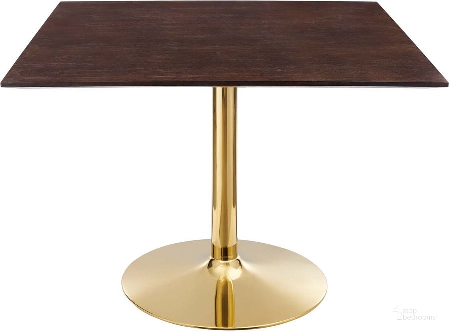 The appearance of Verne 40 Inch Square Dining Table EEI-4755-GLD-CHE designed by Modway in the modern / contemporary interior design. This gold cherry walnut piece of furniture  was selected by 1StopBedrooms from Verne Collection to add a touch of cosiness and style into your home. Sku: EEI-4755-GLD-CHE. Table Base Style: Pedestal. Table Top Shape: Square. Product Type: Dining Table. Material: MDF. Size: 40". Image1