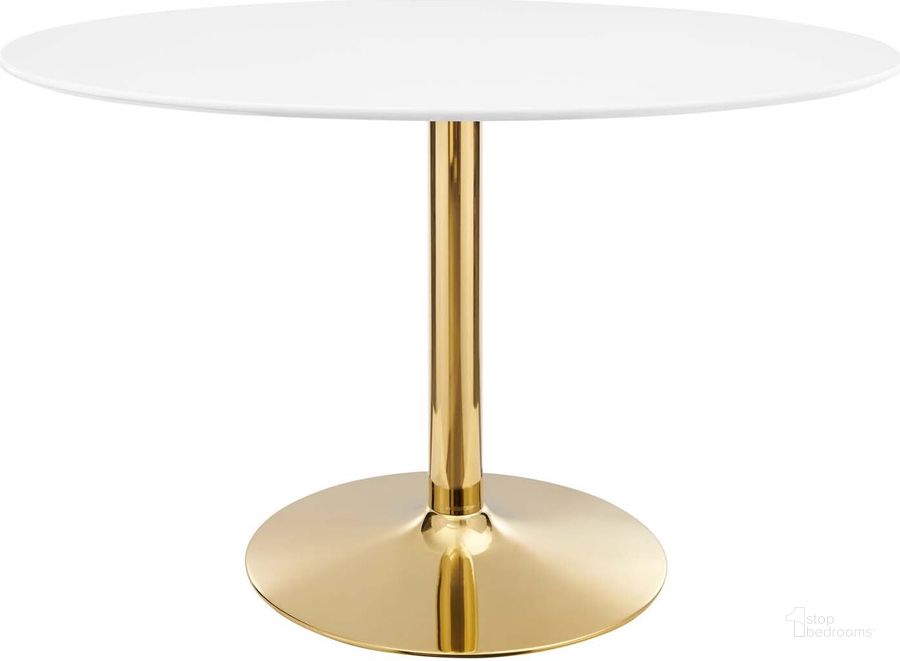 The appearance of Verne 48 Inch Oval Dining Table EEI-4750-GLD-WHI designed by Modway in the modern / contemporary interior design. This gold white piece of furniture  was selected by 1StopBedrooms from Verne Collection to add a touch of cosiness and style into your home. Sku: EEI-4750-GLD-WHI. Table Base Style: Pedestal. Table Top Shape: Oval. Product Type: Dining Table. Material: MDF. Size: 48". Image1