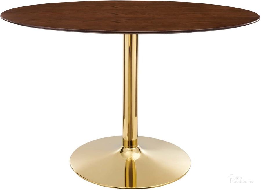 The appearance of Verne 48 Inch Oval Dining Table EEI-4751-GLD-WAL designed by Modway in the modern / contemporary interior design. This gold walnut piece of furniture  was selected by 1StopBedrooms from Verne Collection to add a touch of cosiness and style into your home. Sku: EEI-4751-GLD-WAL. Table Base Style: Pedestal. Table Top Shape: Oval. Product Type: Dining Table. Material: MDF. Size: 48". Image1