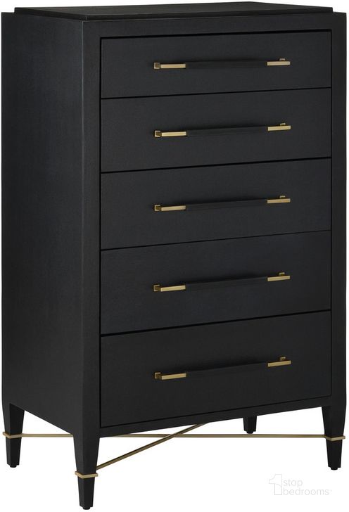 The appearance of Verona Black Five-Drawer Chest designed by Currey & Company in the modern / contemporary interior design. This black piece of furniture  was selected by 1StopBedrooms from Verona Collection to add a touch of cosiness and style into your home. Sku: 3000-0248. Product Type: Chest. Material: Iron. Image1