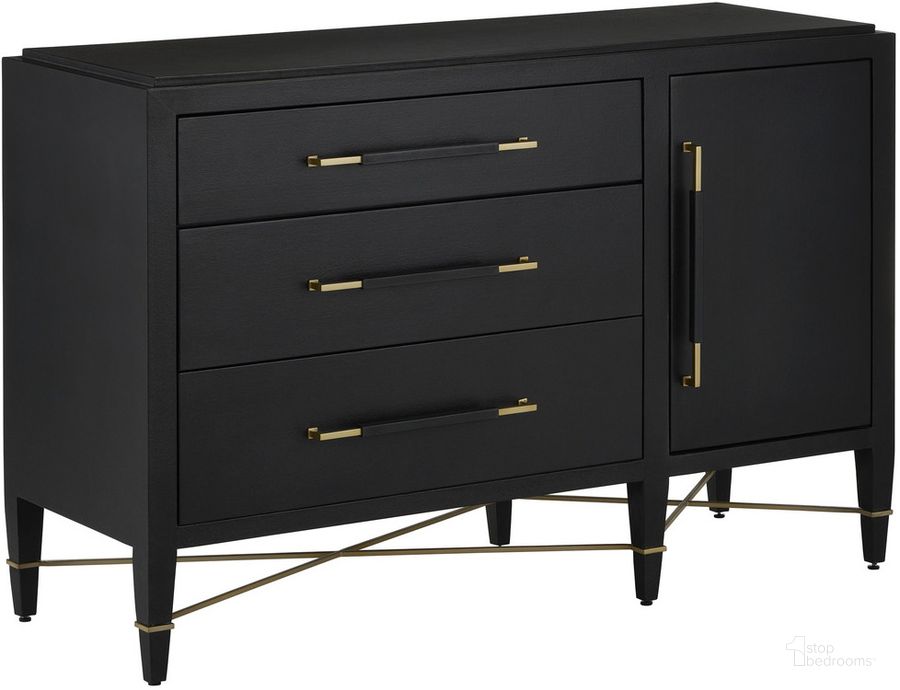 The appearance of Verona Black Three-Drawer Chest designed by Currey & Company in the modern / contemporary interior design. This black piece of furniture  was selected by 1StopBedrooms from Verona Collection to add a touch of cosiness and style into your home. Sku: 3000-0250. Product Type: Chest. Material: Iron. Image1
