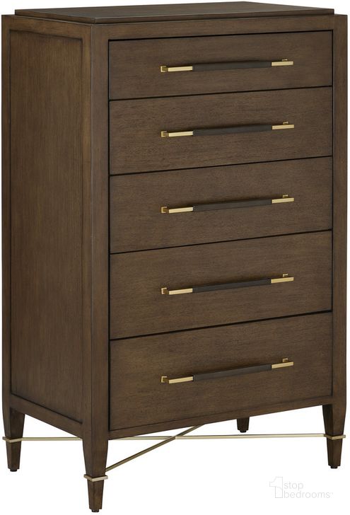 The appearance of Verona Chanterelle Five-Drawer Chest In Black designed by Currey & Company in the modern / contemporary interior design. This champagne piece of furniture  was selected by 1StopBedrooms from Verona Collection to add a touch of cosiness and style into your home. Sku: 3000-0249. Product Type: Chest. Material: Iron. Image1