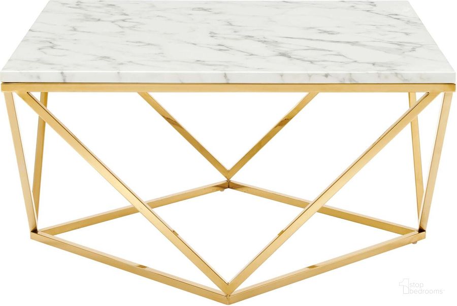 The appearance of Vertex Gold Metal Stainless Steel Coffee Table designed by Modway in the modern / contemporary interior design. This gold and white piece of furniture  was selected by 1StopBedrooms from Vertex Collection to add a touch of cosiness and style into your home. Sku: EEI-4207-GLD-WHI. Material: Marble. Product Type: Coffee Table. Image1