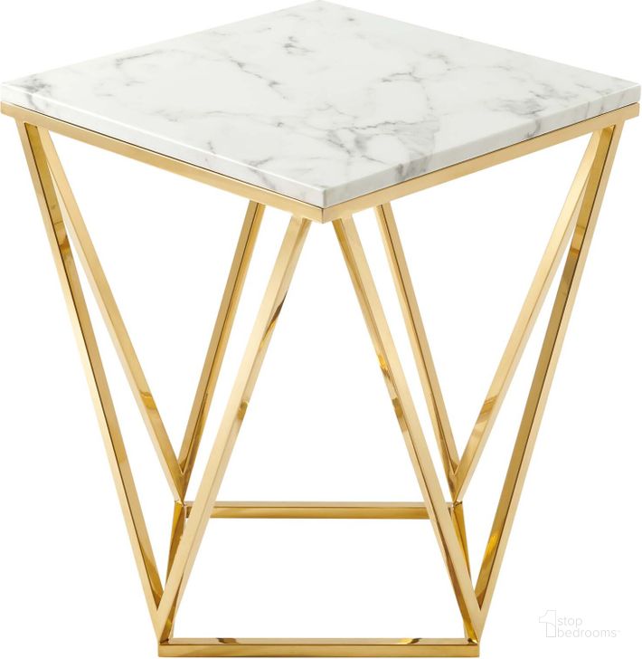The appearance of Vertex Gold Metal Stainless Steel End Table designed by Modway in the modern / contemporary interior design. This gold and white piece of furniture  was selected by 1StopBedrooms from Vertex Collection to add a touch of cosiness and style into your home. Sku: EEI-4206-GLD-WHI. Material: Steel. Product Type: End Table. Image1