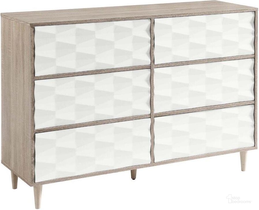 The appearance of Vespera 6 Drawer Dresser In Oak White designed by Modway in the modern / contemporary interior design. This oak white piece of furniture  was selected by 1StopBedrooms from Vespera Collection to add a touch of cosiness and style into your home. Sku: MOD-7083-OAK-WHI. Product Type: Dresser. Material: MDF. Image1