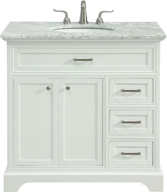 The appearance of Americana 36" White Single Vanity Set designed by Elegant Lighting in the transitional interior design. This white piece of furniture  was selected by 1StopBedrooms from Americana Collection to add a touch of cosiness and style into your home. Sku: VF15036WH. Material: MDF. Product Type: Bathroom Vanity. Image1