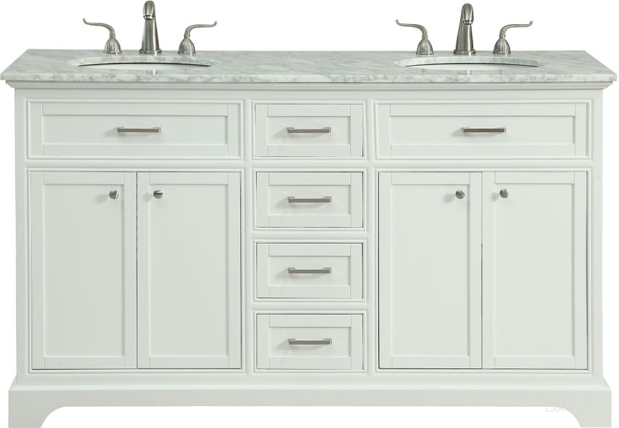 The appearance of Americana 60" White Double Vanity Set designed by Elegant Lighting in the transitional interior design. This white piece of furniture  was selected by 1StopBedrooms from Americana Collection to add a touch of cosiness and style into your home. Sku: VF15060DWH. Material: MDF. Product Type: Bathroom Vanity. Image1