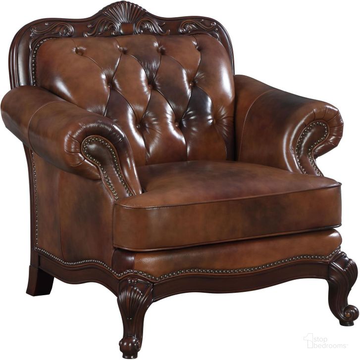The appearance of Victoria Chair designed by Coaster in the traditional interior design. This brown piece of furniture  was selected by 1StopBedrooms from Victoria Collection to add a touch of cosiness and style into your home. Sku: 500683. Material: Leather. Product Type: Chair. Key Features: Nailhead Trim. Image1