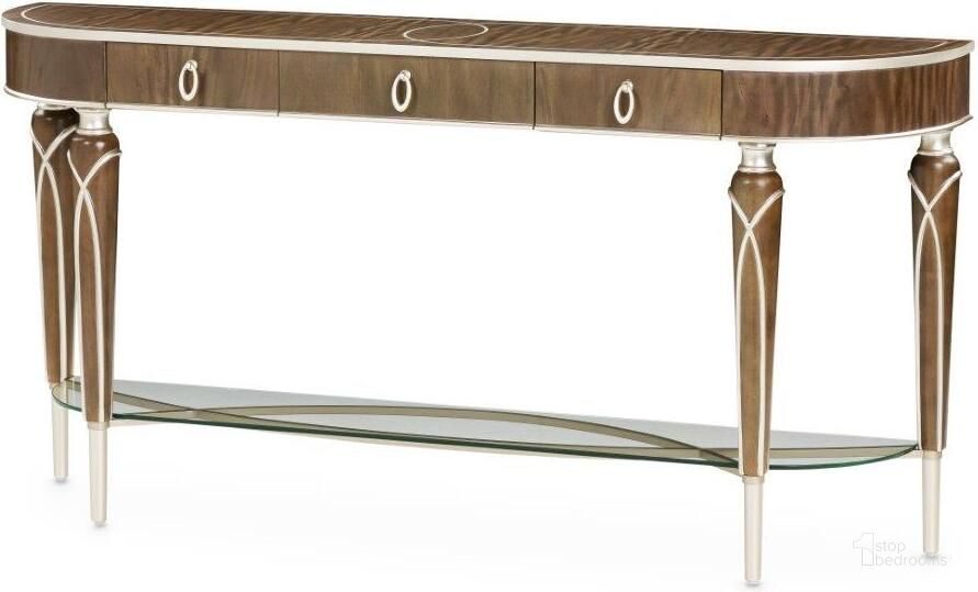 The appearance of Villa Cherie Console Table In Hazelnut designed by AICO in the transitional interior design. This hazelnut piece of furniture  was selected by 1StopBedrooms from Villa Collection to add a touch of cosiness and style into your home. Sku: N9008223-410. Material: Polyester. Product Type: Console Table. Image1