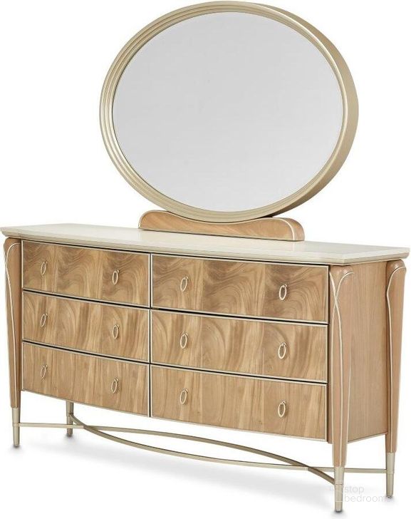 The appearance of Villa Cherie Dresser And Mirror In Caramel designed by AICO in the transitional interior design. This caramel piece of furniture  was selected by 1StopBedrooms from Villa Collection to add a touch of cosiness and style into your home. Sku: N9008050-134;N9008060-134. Material: Marble. Product Type: Dresser Mirror. Image1