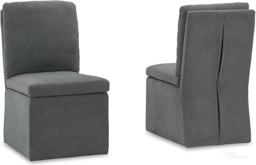 The appearance of Vimy Charcoal Side Chair Set of 2 designed by Bennett Interiors in the transitional interior design. This charcoal piece of furniture  was selected by 1StopBedrooms from Vimy Collection to add a touch of cosiness and style into your home. Sku: D766-01. Material: Fabric. Product Type: Side Chair. Image1
