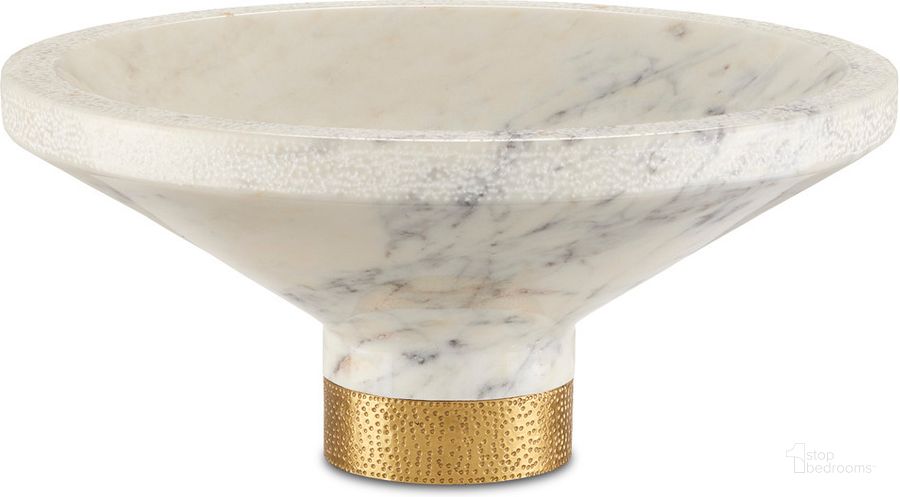 The appearance of Vincent White Marble Bowl designed by Currey & Company in the modern / contemporary interior design. This white piece of furniture  was selected by 1StopBedrooms from Vincent Collection to add a touch of cosiness and style into your home. Sku: 1200-0658. Product Type: Bowl. Material: Brass. Image1