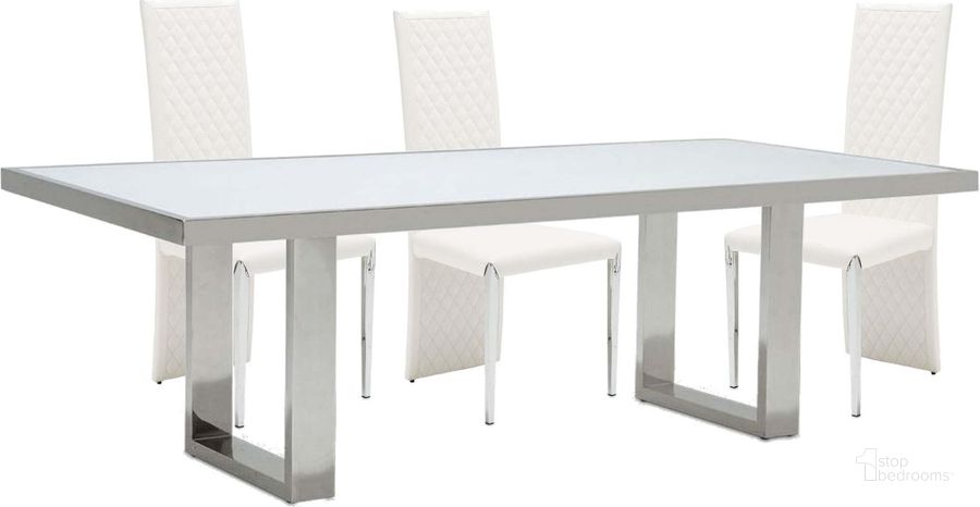 The appearance of Virginia Lane White Dining Set designed by FineForm in the modern / contemporary interior design. This white piece of furniture  was selected by 1StopBedrooms from Virginia Lane Collection to add a touch of cosiness and style into your home. Sku: N9016000L-116;N9016000T-116;N9016003AS-116. Table Base Style: Double Pedestal. Product Type: Dining Room Set. Table Top Shape: Rectangular. Material: Stainless Steel. Size: 95". Image1